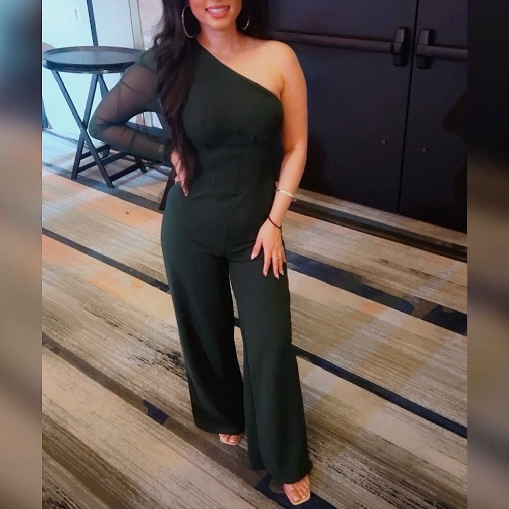 SHEIN One-Shoulder Wide-Leg Jumpsuit in Dark Green with Sheer Sleeve